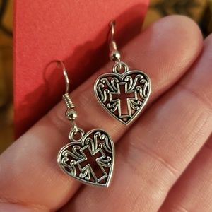 Silver Filigree Cross HEART earrings Religious~Faith~Love~Cross Jewelry